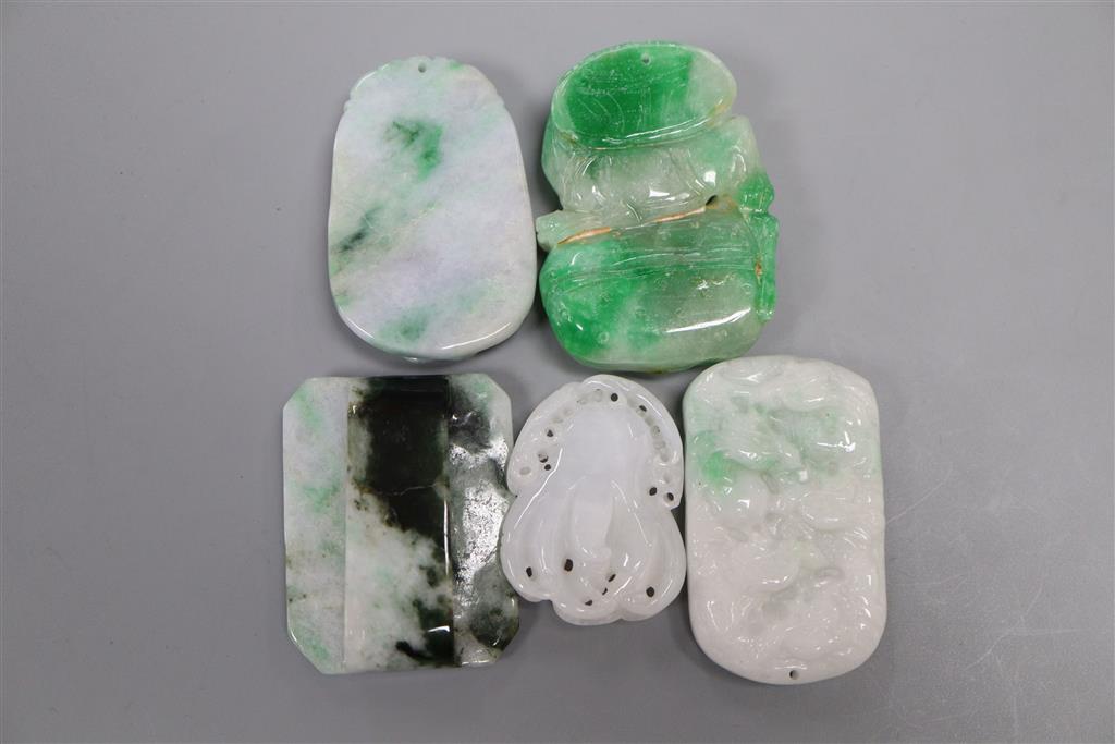 Four Chinese jadeite plaques and a similar belt plaque, 4 - 5.4cm